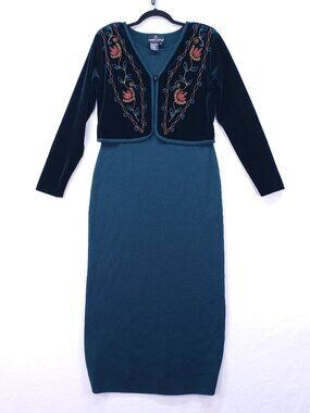 Vintage CAROLE LITTLE Midi Dress Size M Green Boho Velvet Embroidery Modest